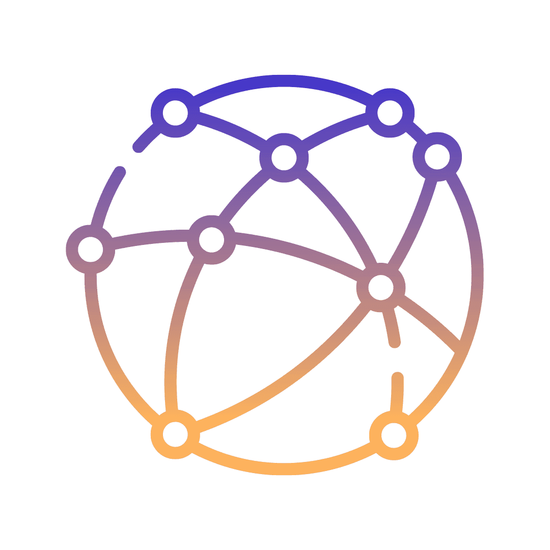 Connected graph nodes arranged so they form a spherical-looking icon