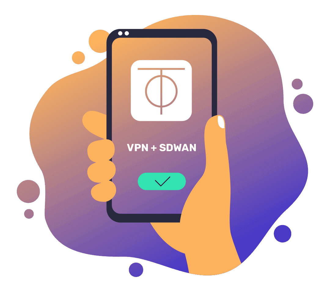 Illustration of a hand holding a phone whos screen displays the ZeroTier app icon and a checkmark below the text 'VPN + SDWAN'
