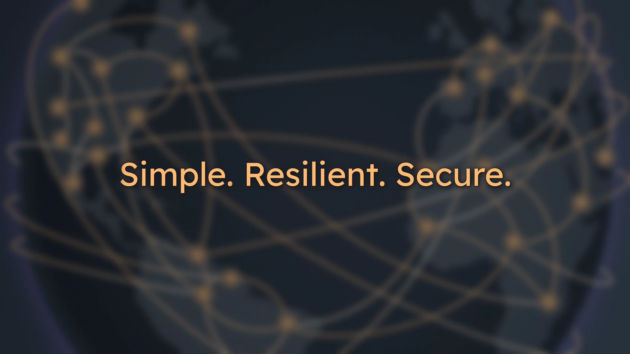 Still image from the ZeroTier One Overview Video with "Simple. Resilient. Secure." in type over a blurry background of a global network.