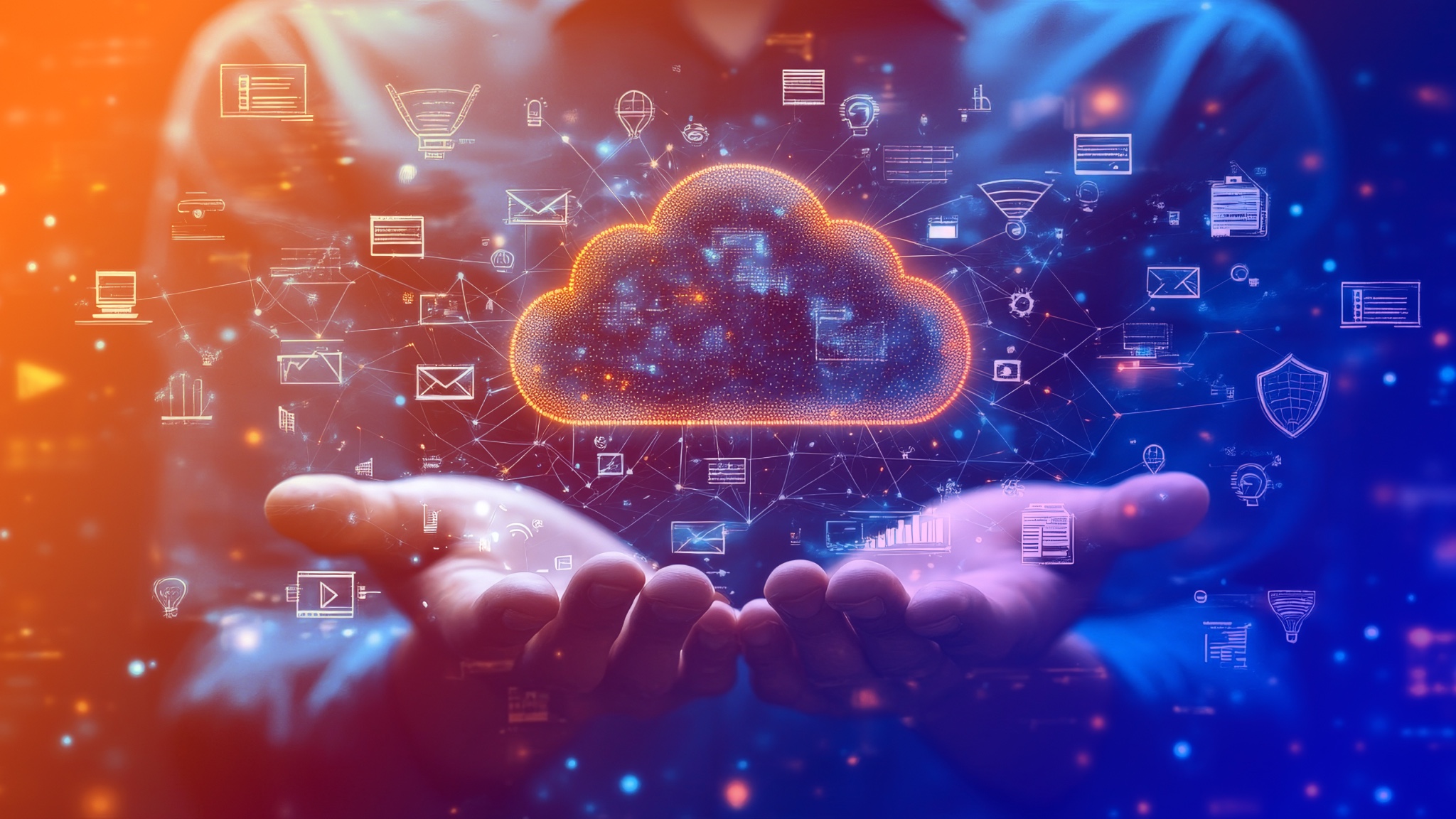 Two hands open with a digital cloud image above them with multiple devices connected to it via lines