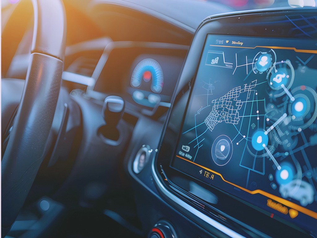 An automotive dashboard display with a network map, showing ZeroTier SD-WAN connecting IoT vehicles for telematics.