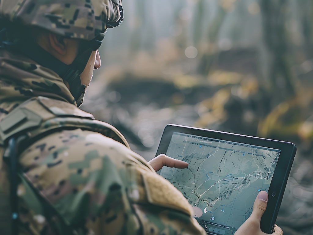 A soldier in tactical gear using a ruggedized tablet to access mission-critical data via a ZeroTier resilient virtual network.