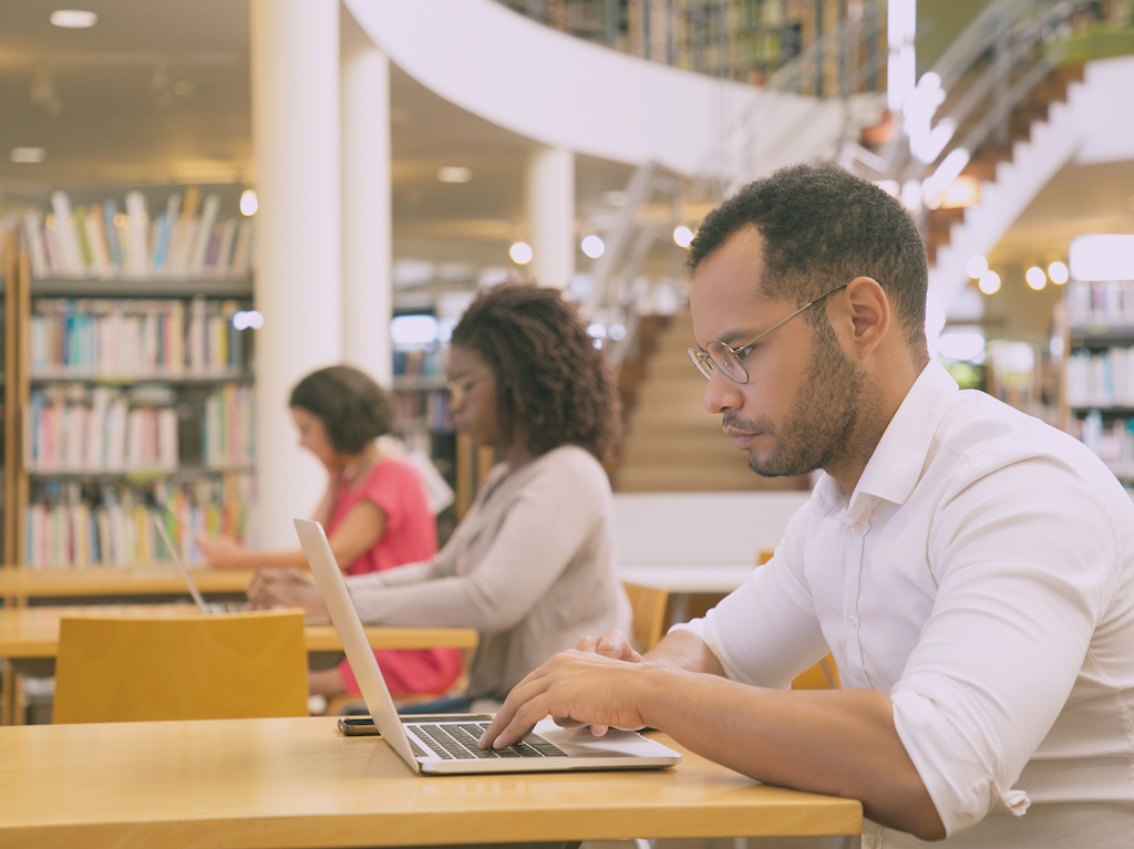Professionals and students securely access a ZeroTier virtual network for research and remote work in a modern library.