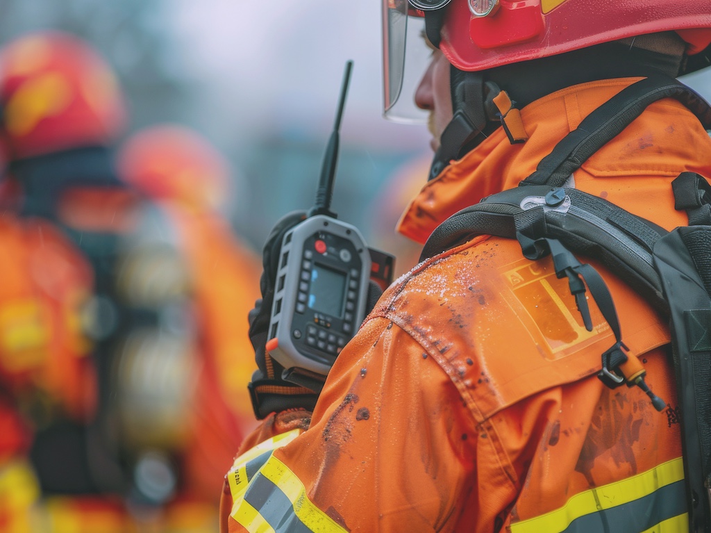 Firefighter in protective gear holding a digital radio, symbolizing ZeroTier's resilient connectivity for first responders and emergency services.
