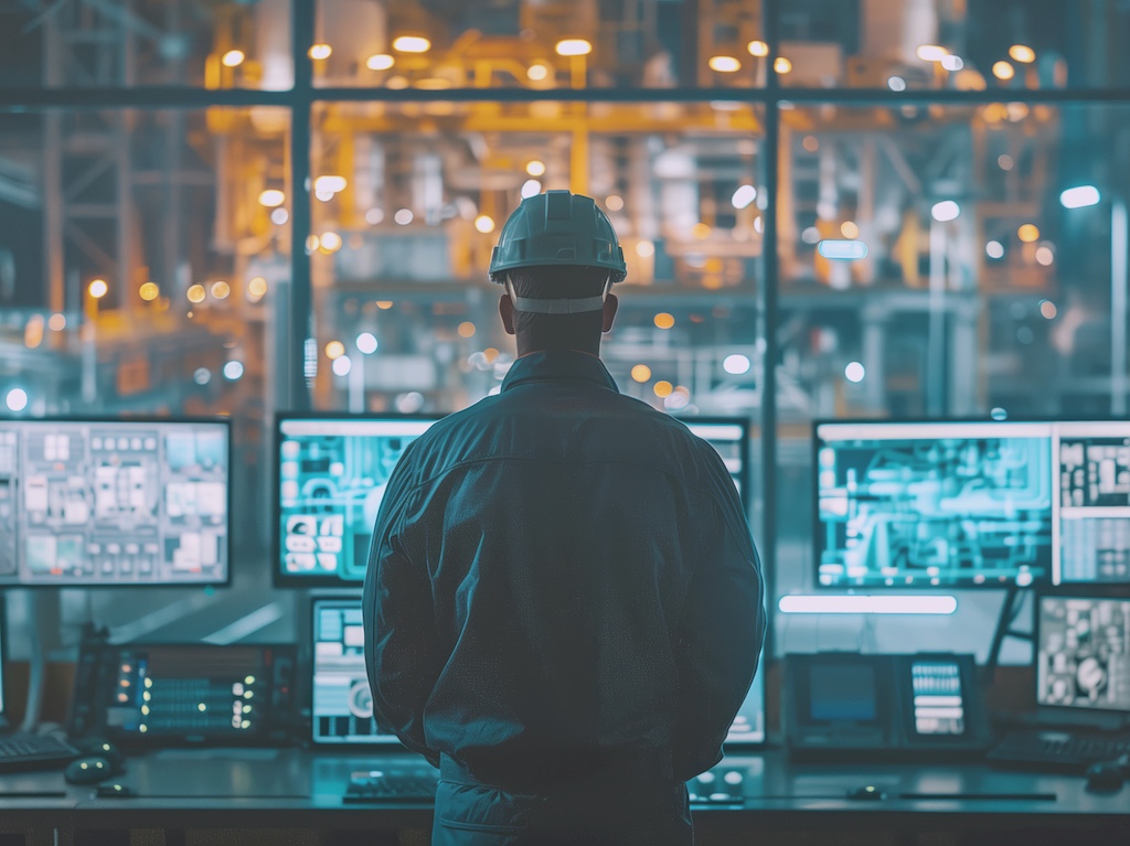 Engineer in a hardhat monitoring industrial control screens, symbolizing secure remote access for SCADA and Operational Technology (OT) networks.