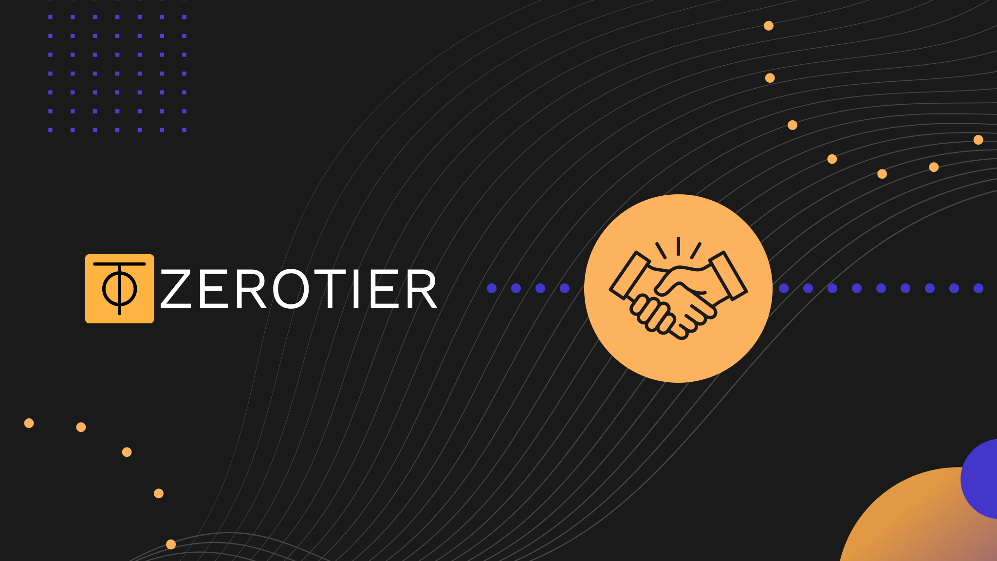 The ZeroTier logo next to an icon of shaking hands on a dark background with abstract shapes