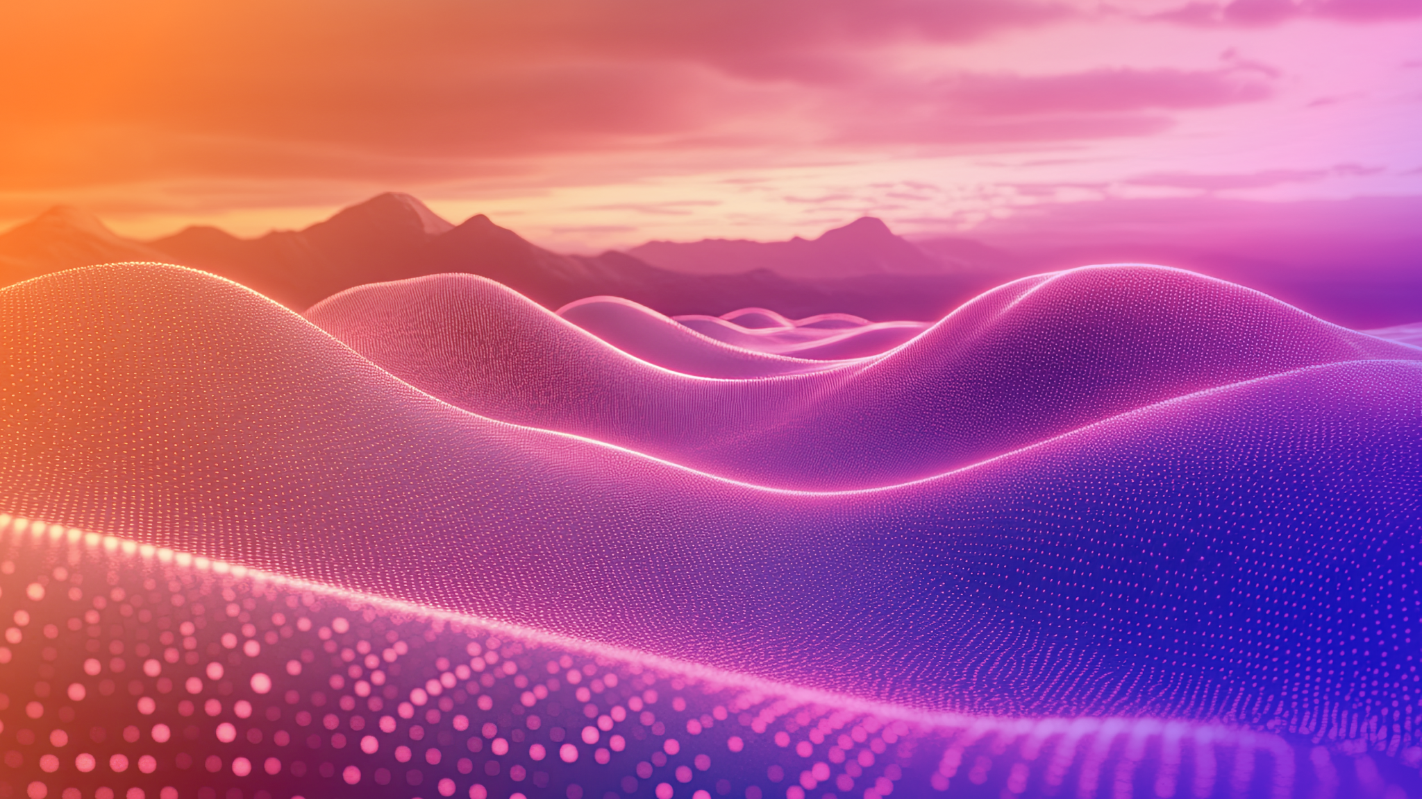 Abstract 3D landscape of glowing purple and pink waves with a mountainous background at sunset, featuring the ZeroTier logo in the bottom right corner