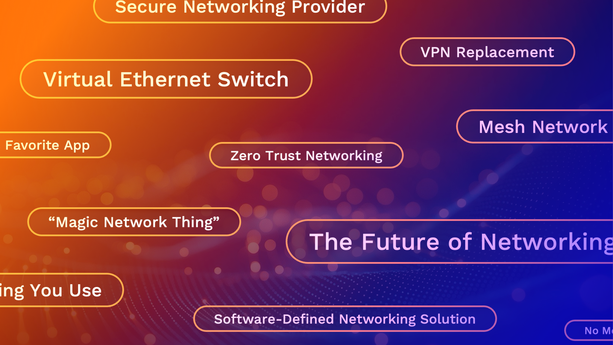 Colorful graphic with networking-related terms such as “Virtual Ethernet Switch,” “Zero Trust Networking,” “VPN Replacement,” and “Mesh Networking,” set against a gradient orange to purple background with the ZeroTier logo at the bottom right.