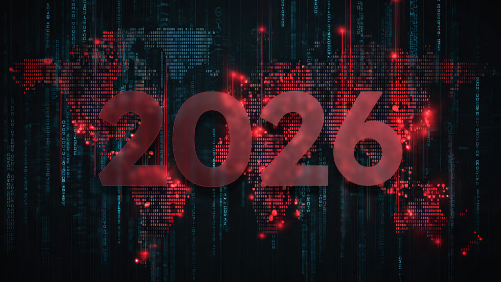 The numerals 2026 with a tech looking background to cybersecurity threats in the year 2026.
