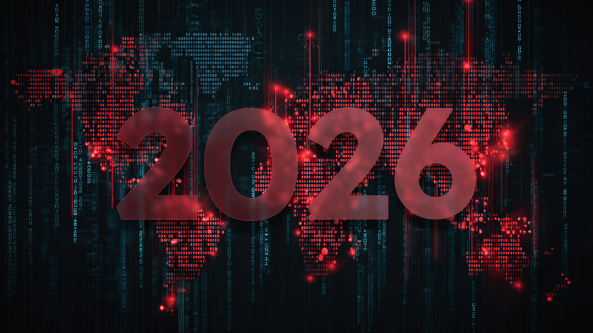 The numerals 2026 with a tech looking background to cybersecurity threats in the year 2026.