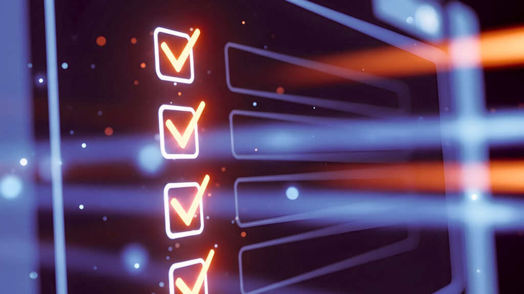 A digital checklist with four boxes and four check marks indicating a networking checklist.