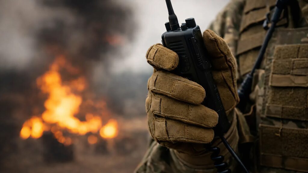 A photo of an infantryman holding a device in one hand while a fire burns in the background.