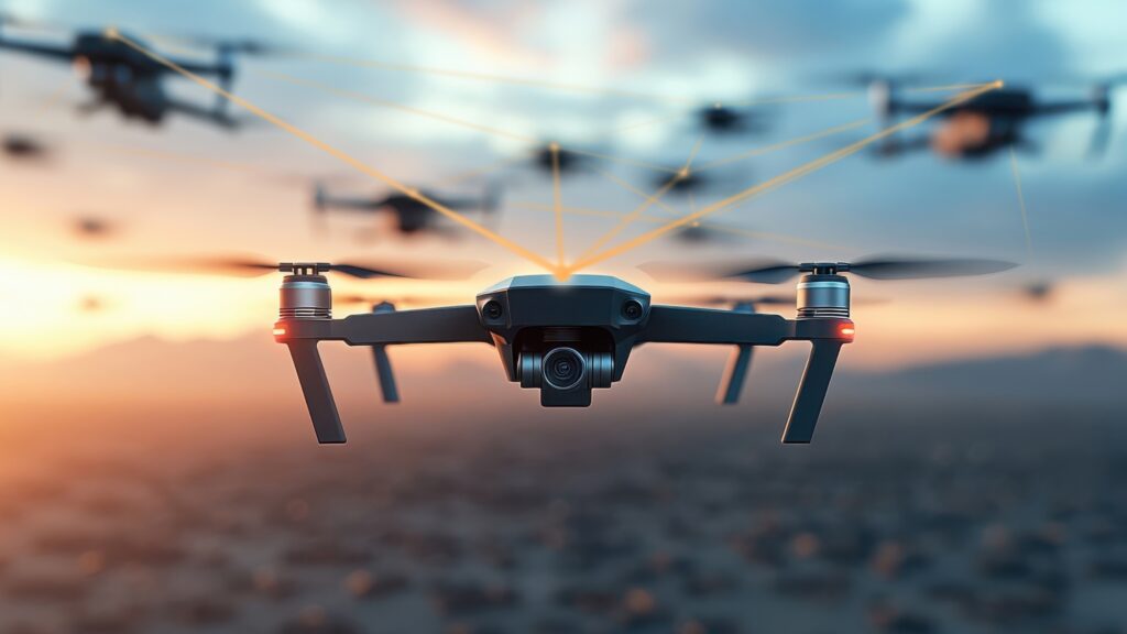 A swarm of drones in flight signifying the theme of the article on drone swarms.