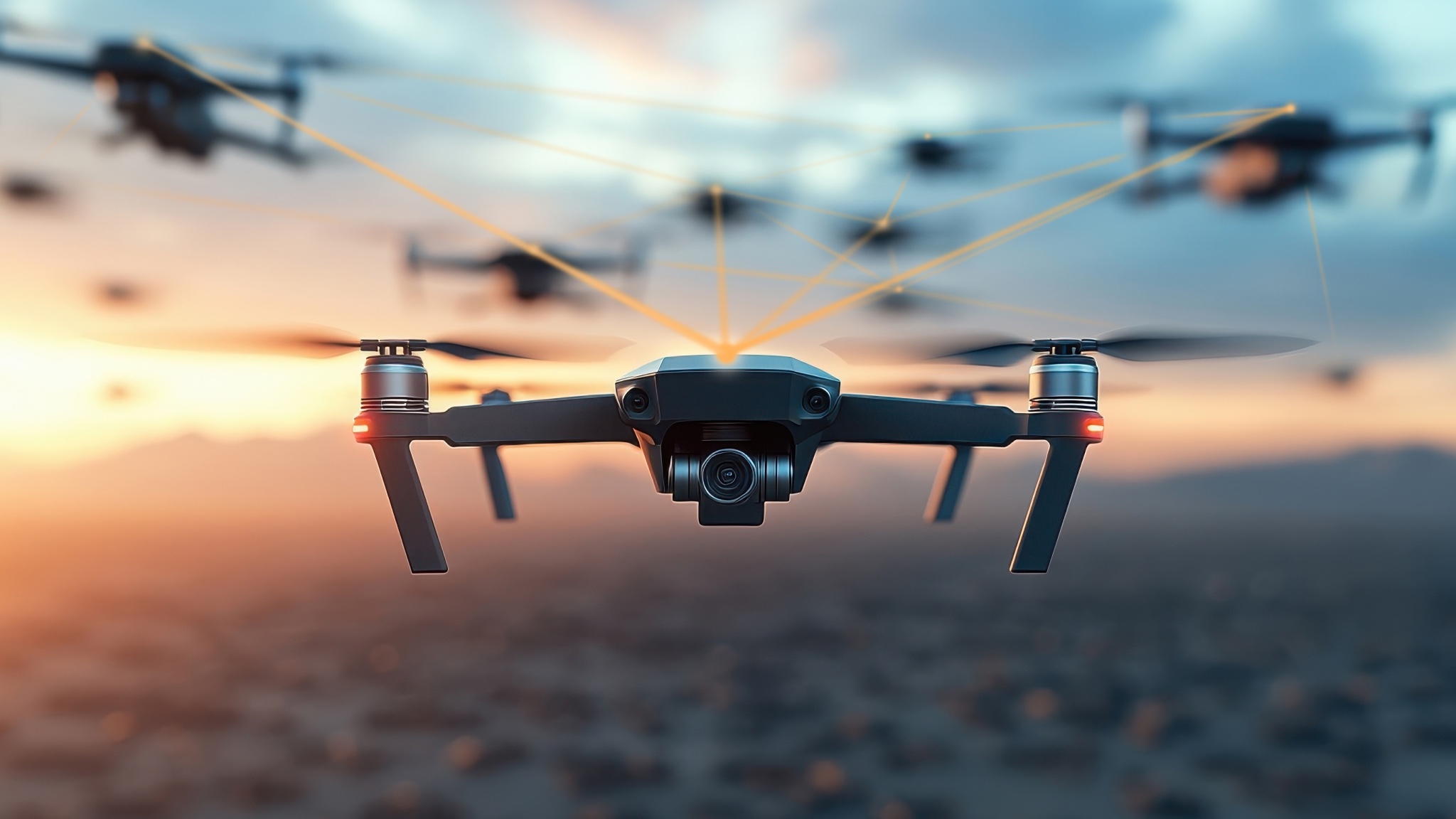 A swarm of drones in flight signifying the theme of the article on drone swarms.