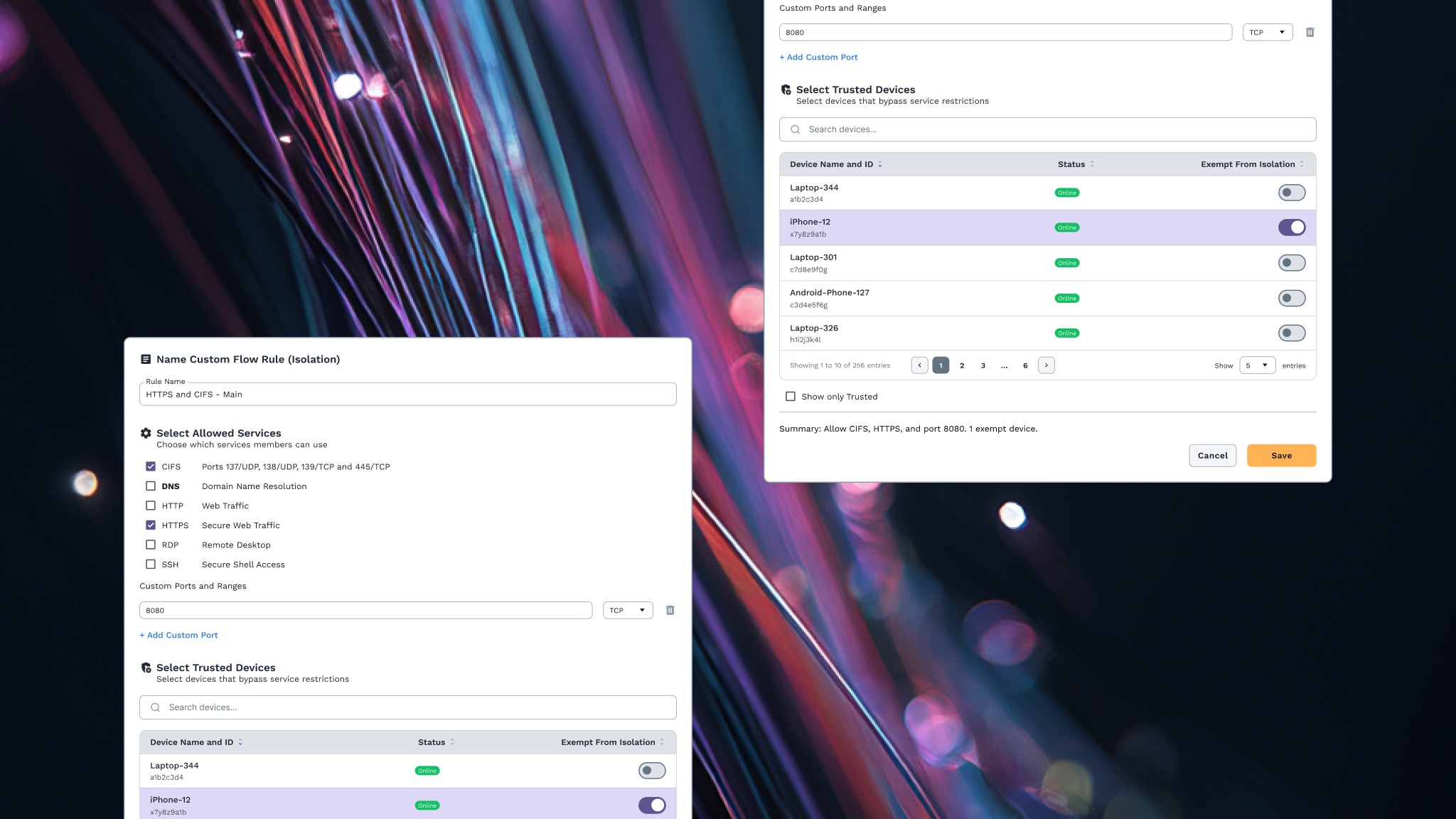 Two platform windows on a background of neon networking fibers design to depict ZeroTier's new flow rules update.