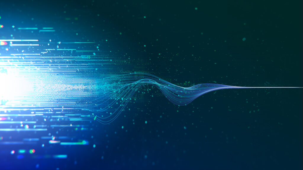 Multiple digitalized glowing lines converging into one line to depict threats leading in quantum computing.