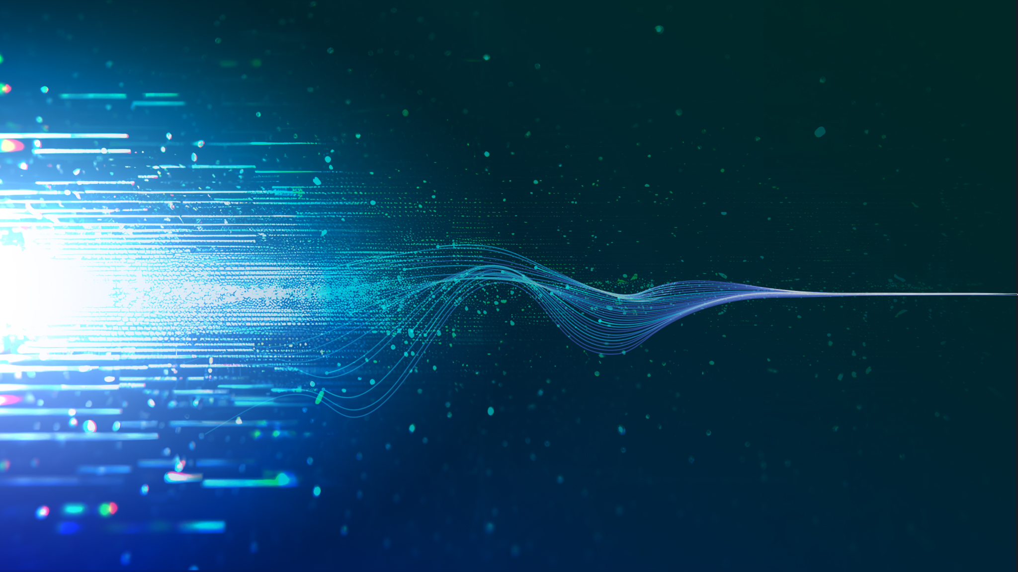Multiple digitalized glowing lines converging into one line to depict threats leading in quantum computing.