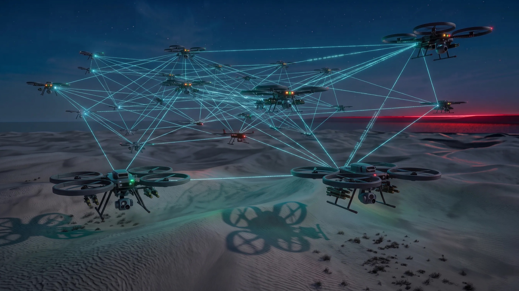 A swarm of drones in flight signifying the theme of the article on drone swarms.