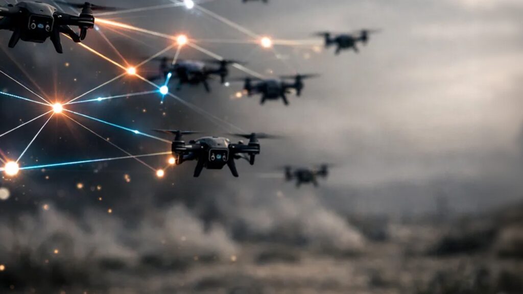 An image of a drone swarm with various paths stemming from each one singaling connection.