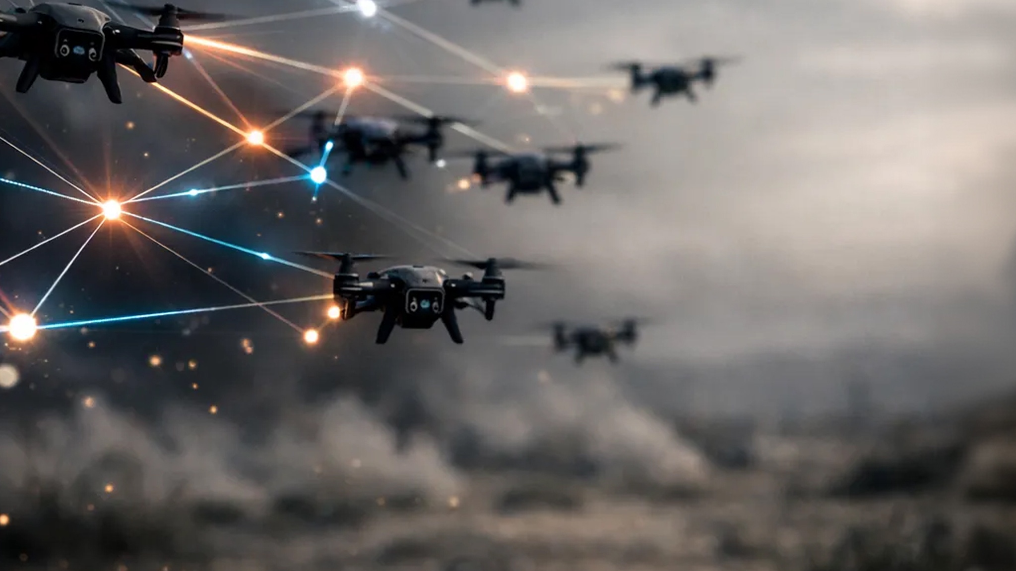 An image of a drone swarm with various paths stemming from each one singaling connection.