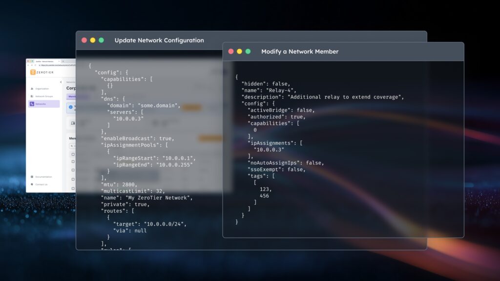 Layered screens featuring various code to indicate API updates.