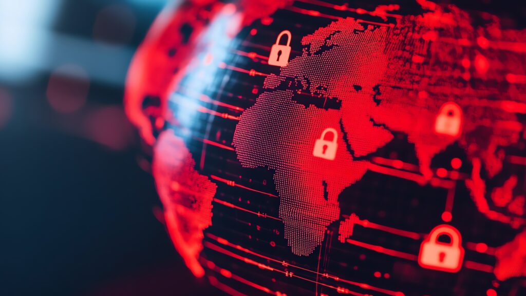 An image of the globe in red with closed locks hovering over several countries depicting how defense orgs should be ready for PCQ.