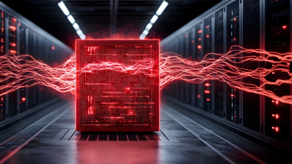 A red data center with red connection lines passing through to indicate quantum security.