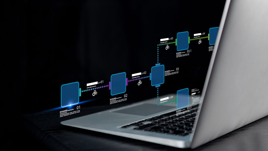 The back of a laptop with squares connecting to each other to indicate webhooks.