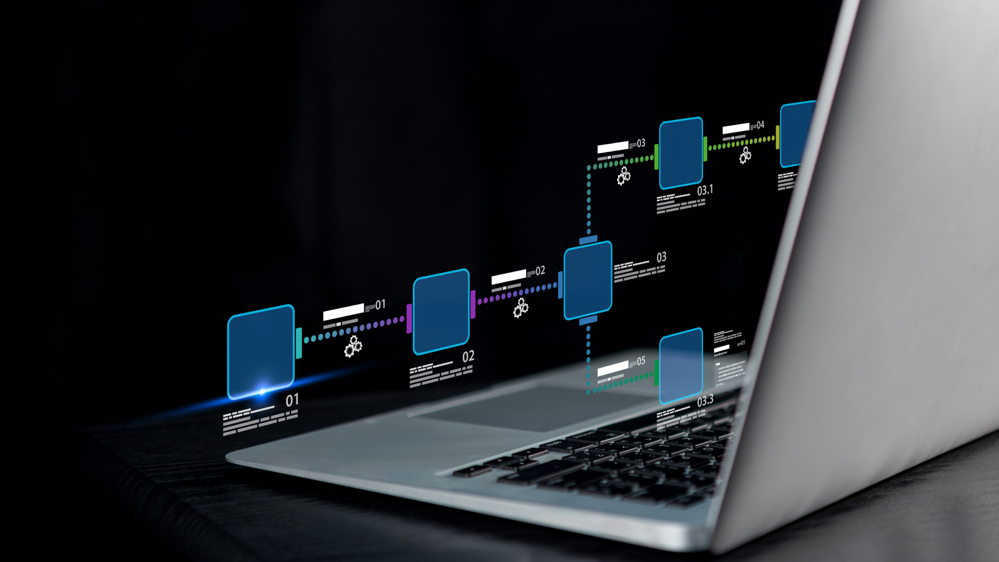 The back of a laptop with squares connecting to each other to indicate webhooks.