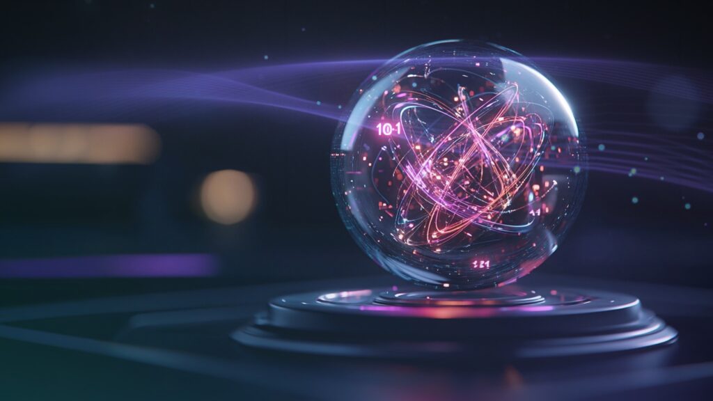 An image of a see-through glass sphere with purple wiring visable on the inside depicting a crystal ball looking towards the future of quantum computing.