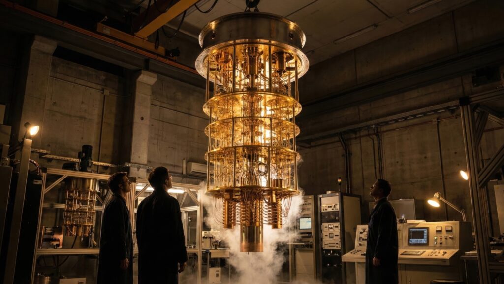 An image of three people looking up at a quantum computer to indicate this blog story's topic on quantum computing.