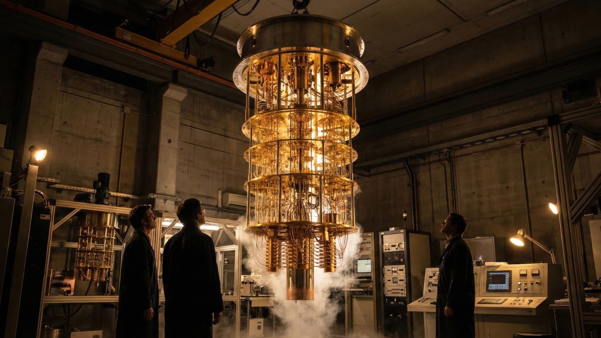 An image of three people looking up at a quantum computer to indicate this blog story's topic on quantum computing.