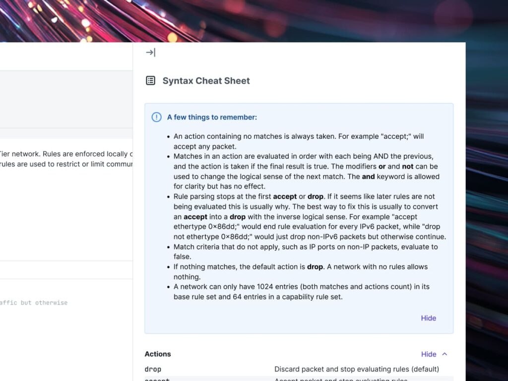 Images of ZeroTier Central UI showing the Syntax Cheat Sheet pop-out panel within the Custom Flow Rules feature