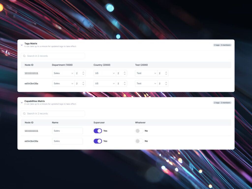 Images of ZeroTier Central UI showing the Tag Matrix and Capabilities Matrix functionality within the Custom Flow Rules feature