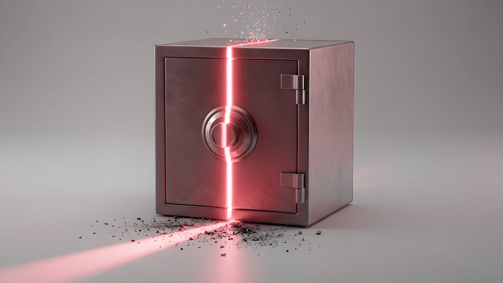 A photo of a vault with a red laser down the middle depicting how a HNDL attack can pierce cybersecurity measures.