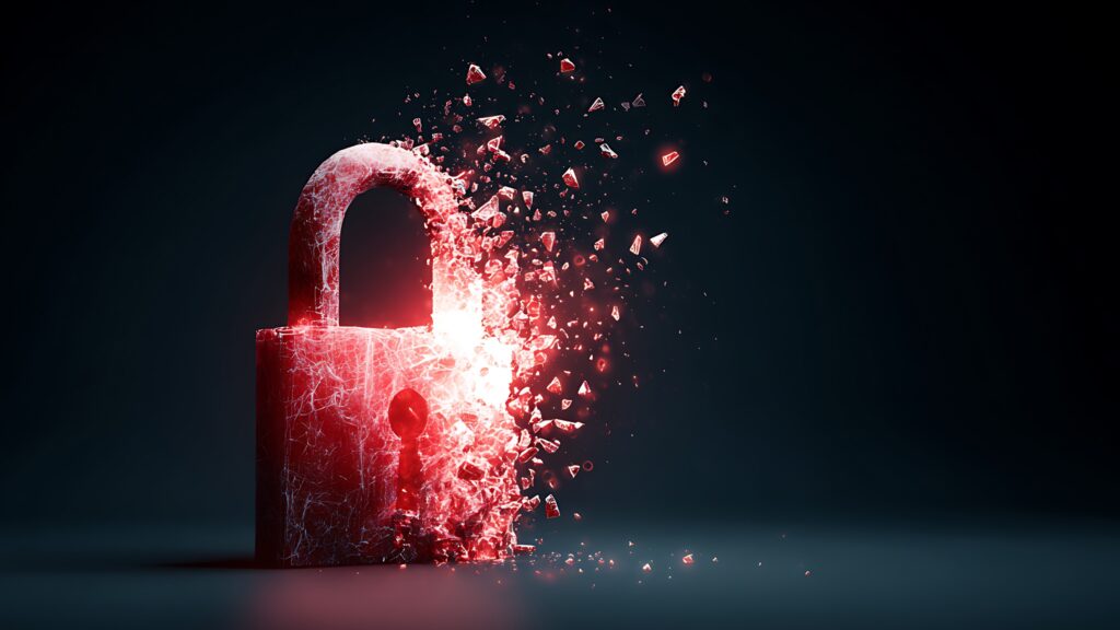 An image of a lock that is disintegrating to indicate a loss of communications security.