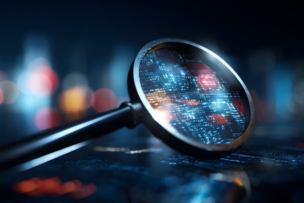 Magnifying glass showing digital data with high depth of field