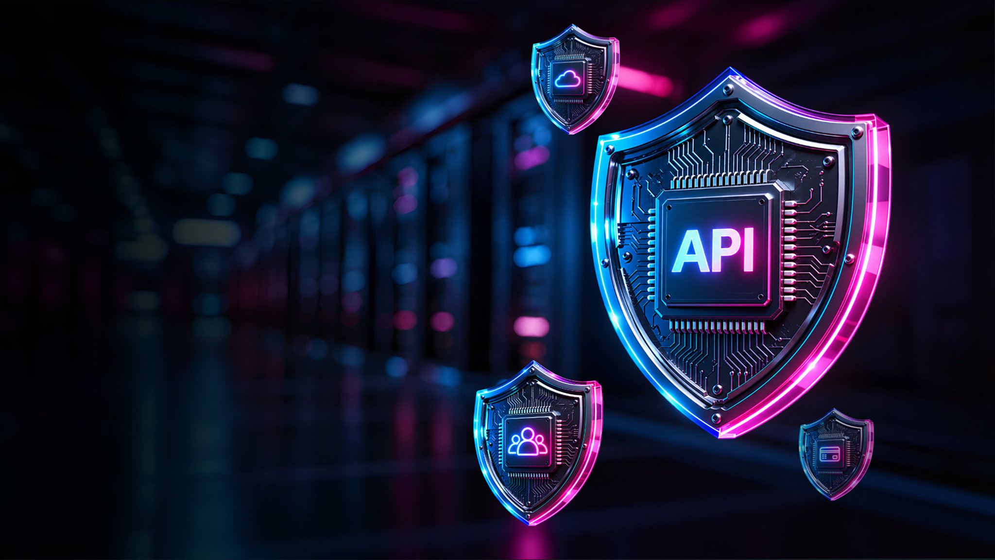 A futuristic cybersecurity illustration featuring neon blue and pink digital shields representing API, cloud, user, and payment security against a dark data center background.