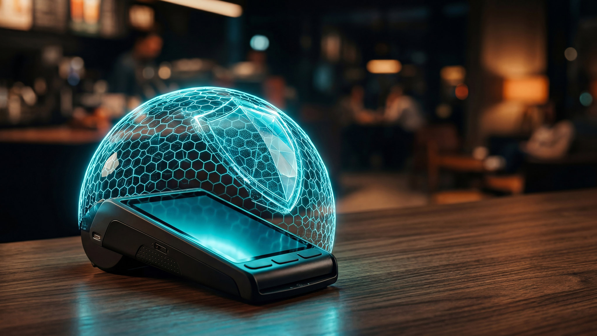 An image of a POS device with a neon blue bubble covering set to indicate PQC for POS.