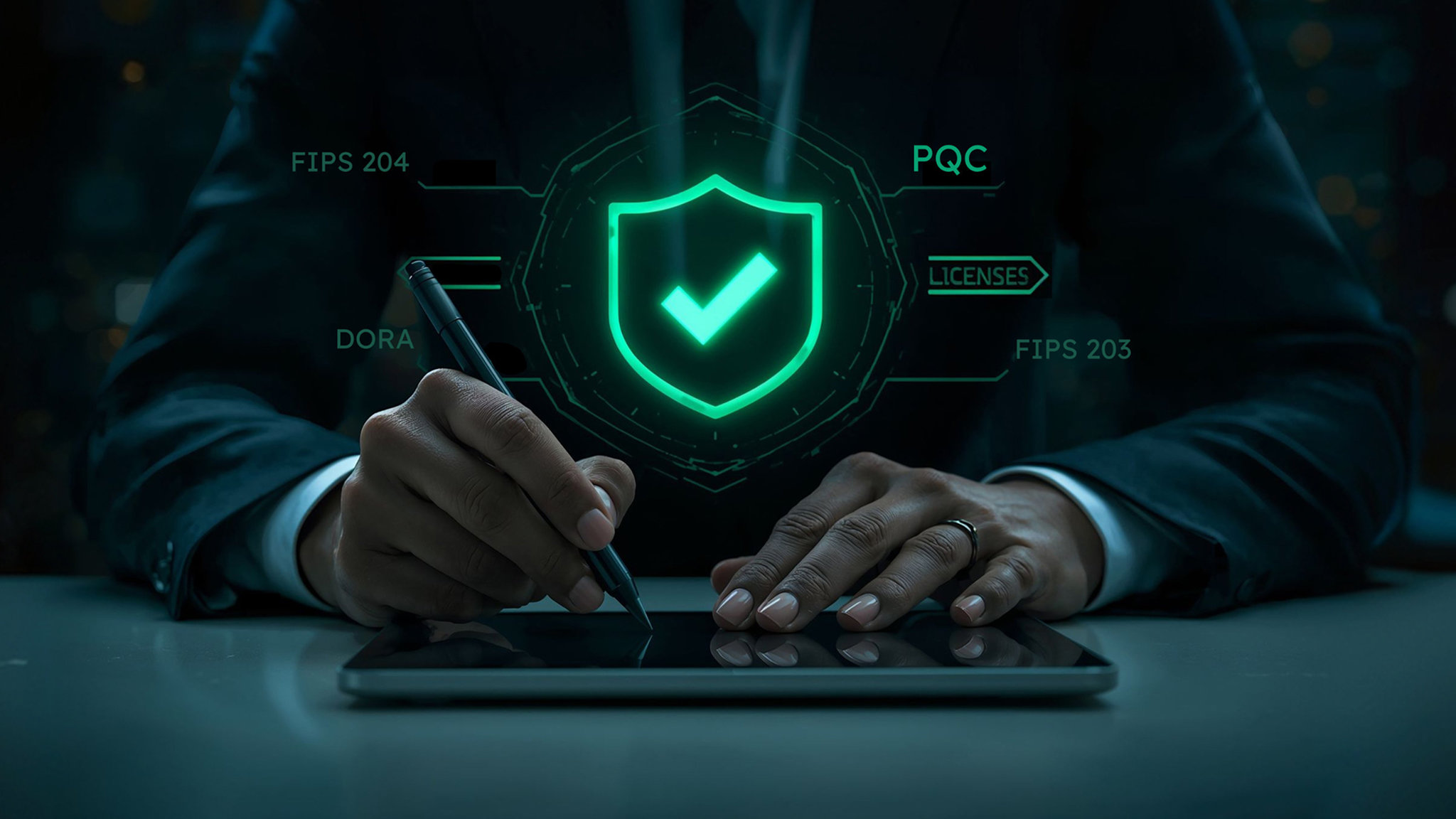 An image of a man's hands writing with a green shield featuring a checkmark in the middle indicating a reseller benefitting from offering its customers quantum security.
